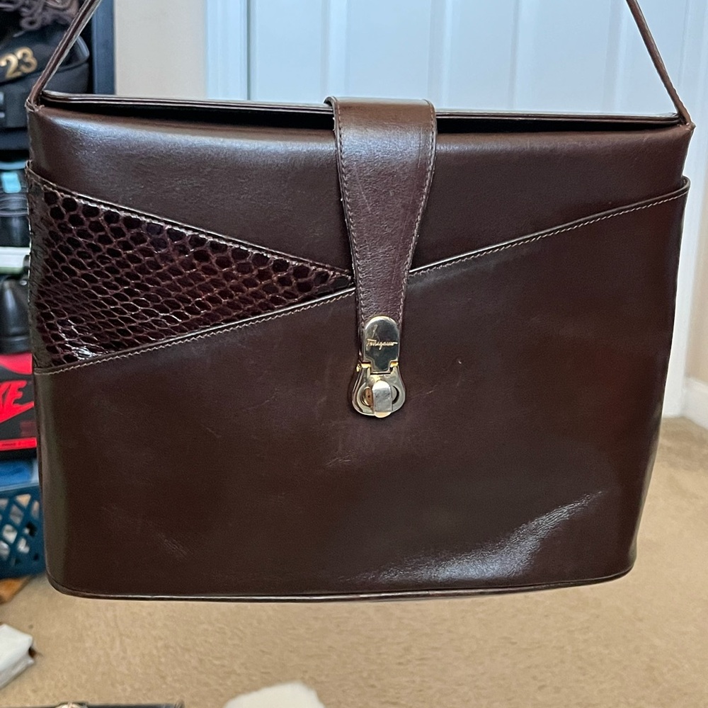 Vintage Salvatore Ferragamo Dark Brown Shoulder Bag Snakeskin Embossed Panel